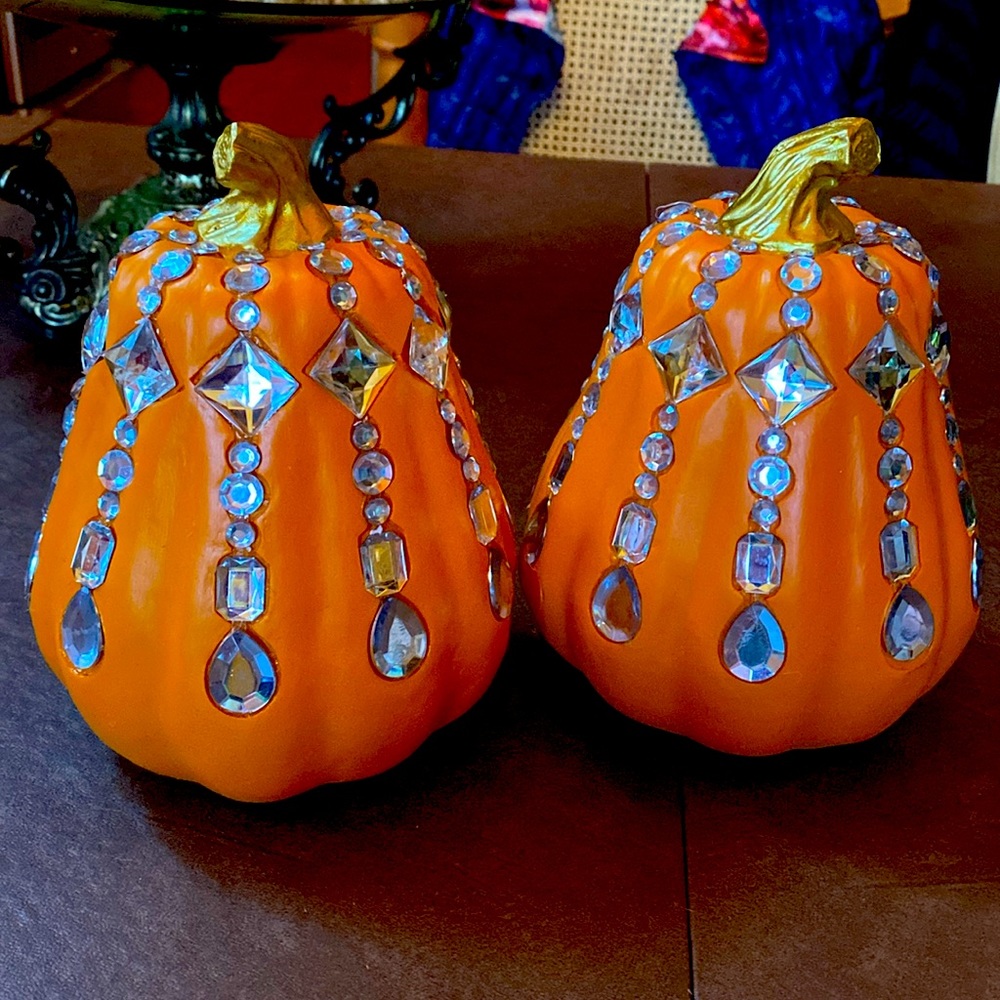 Set of 2 “Diamond” studded 8” tall decor pumpkins by Exhart